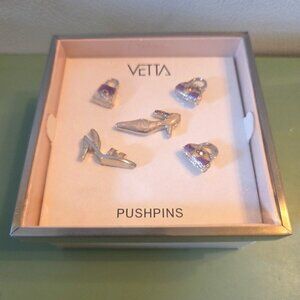 Set of 5 Purse and High Heel Shoes Push Pins w/ Pink Crystals in Box Vintage